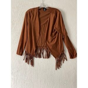 rue21 Womens Faux Suede Fringe Open Front Cardigan Brown Boho Large XL Western